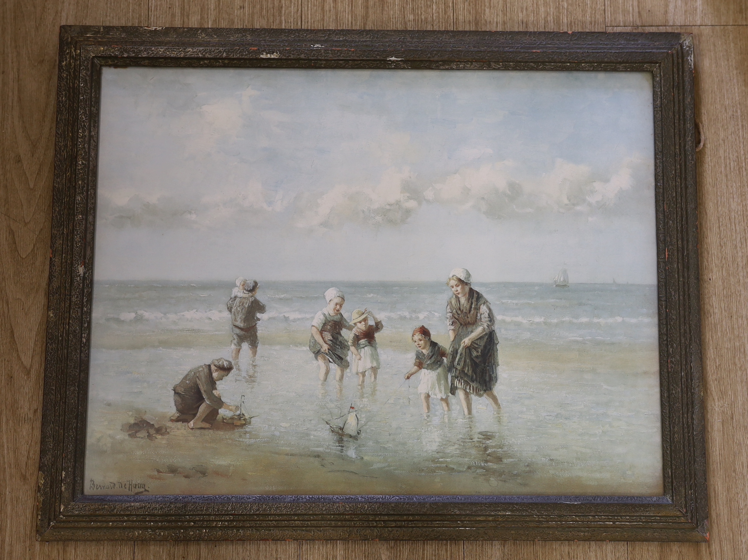 After Bernard de Hoog (Dutch 1867-1943) colour print, Beach scene with children playing, 63 x 48cm